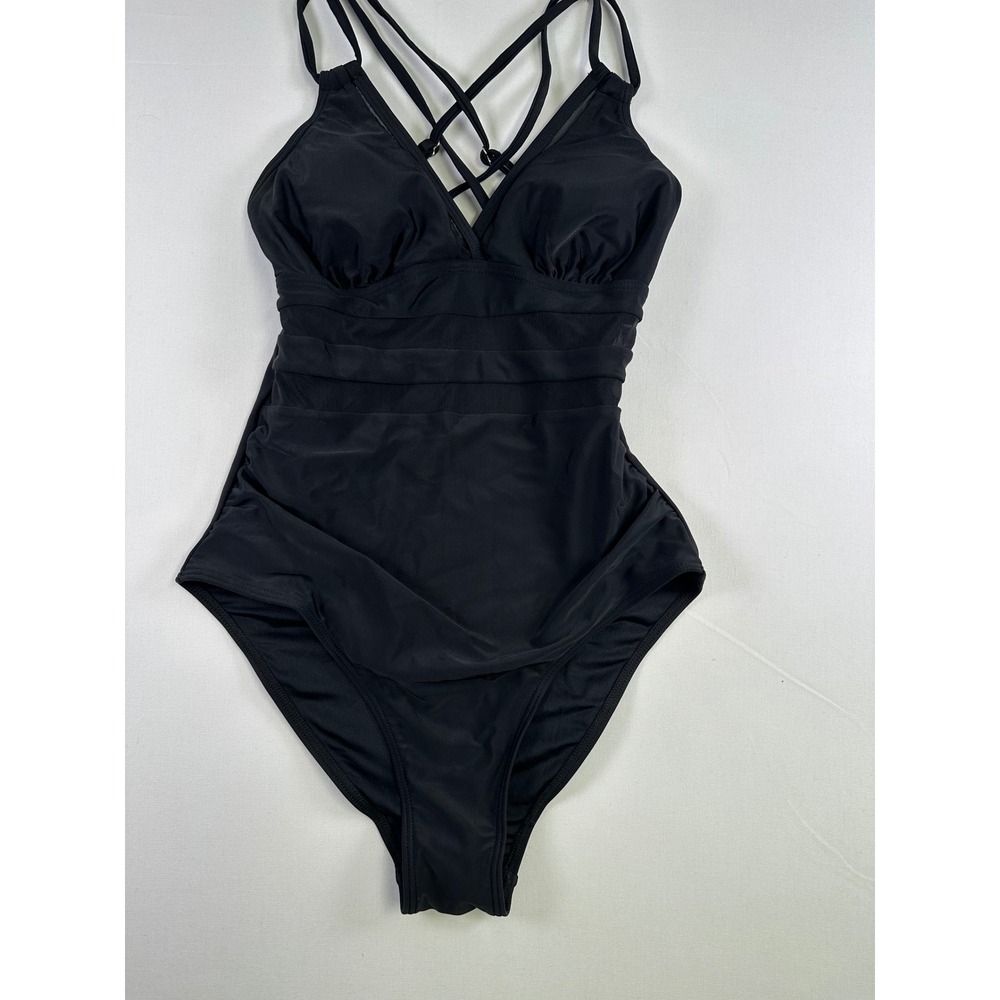 Breezy Lane Women Black‎ Mesh Ruched One Piece Swimsuit Strappy V-Neck NWT S
